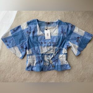 BNWT Bombay Paisley Blue Patchwork Cropped Blouse with Floral Seashells Accents